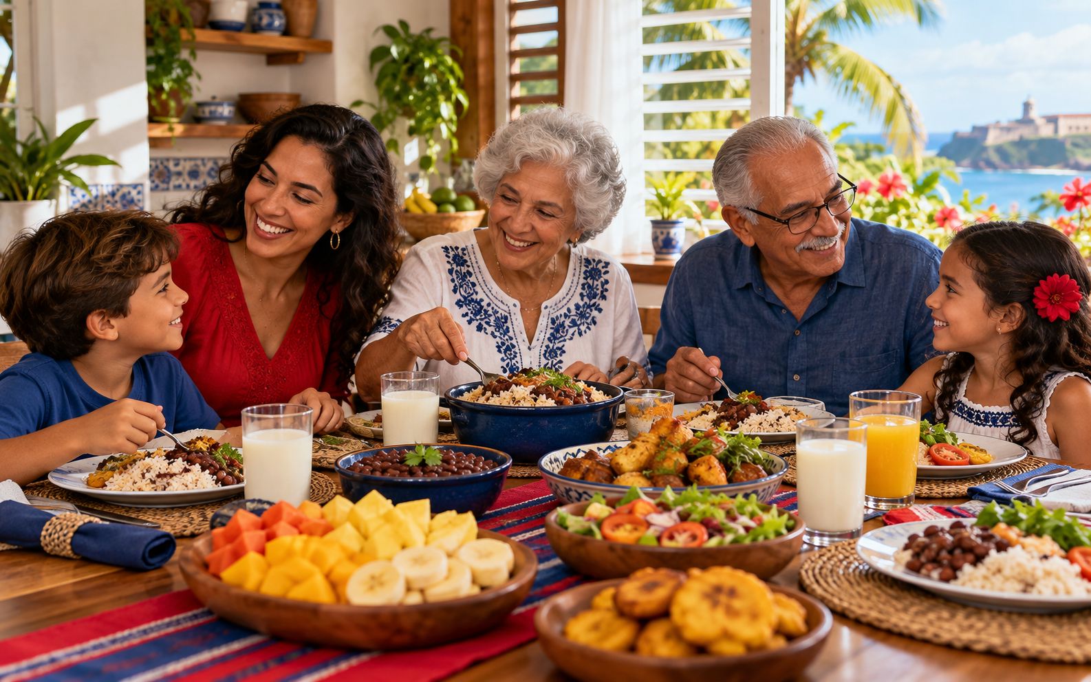 Ilustración de una familia puertorriqueña de tres generaciones compartiendo una comida en la mesa, con jugos, frutas y platos típicos