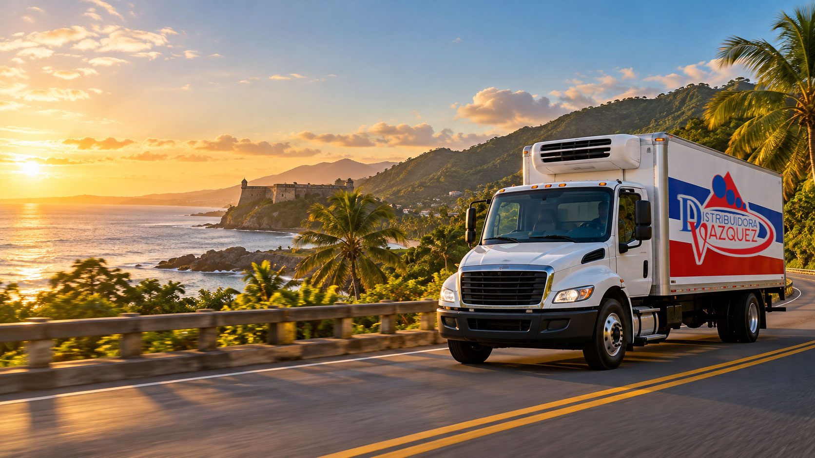 Ilustración de un camión refrigerado de Distribuidora Vázquez en una carretera costera de Puerto Rico al atardecer, con un fuerte histórico frente al mar